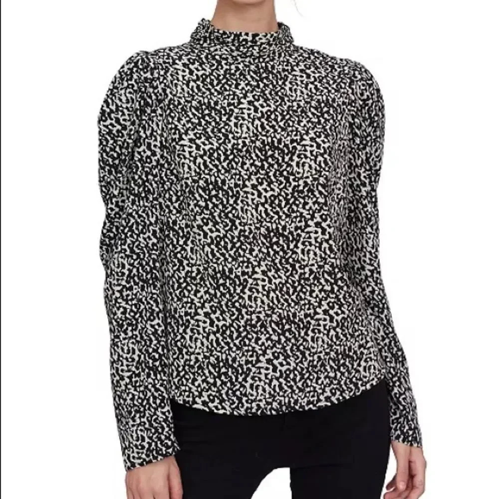 Women’s Patterned Long Sleeve Black White Blouse Top Work Career Casual Brunch